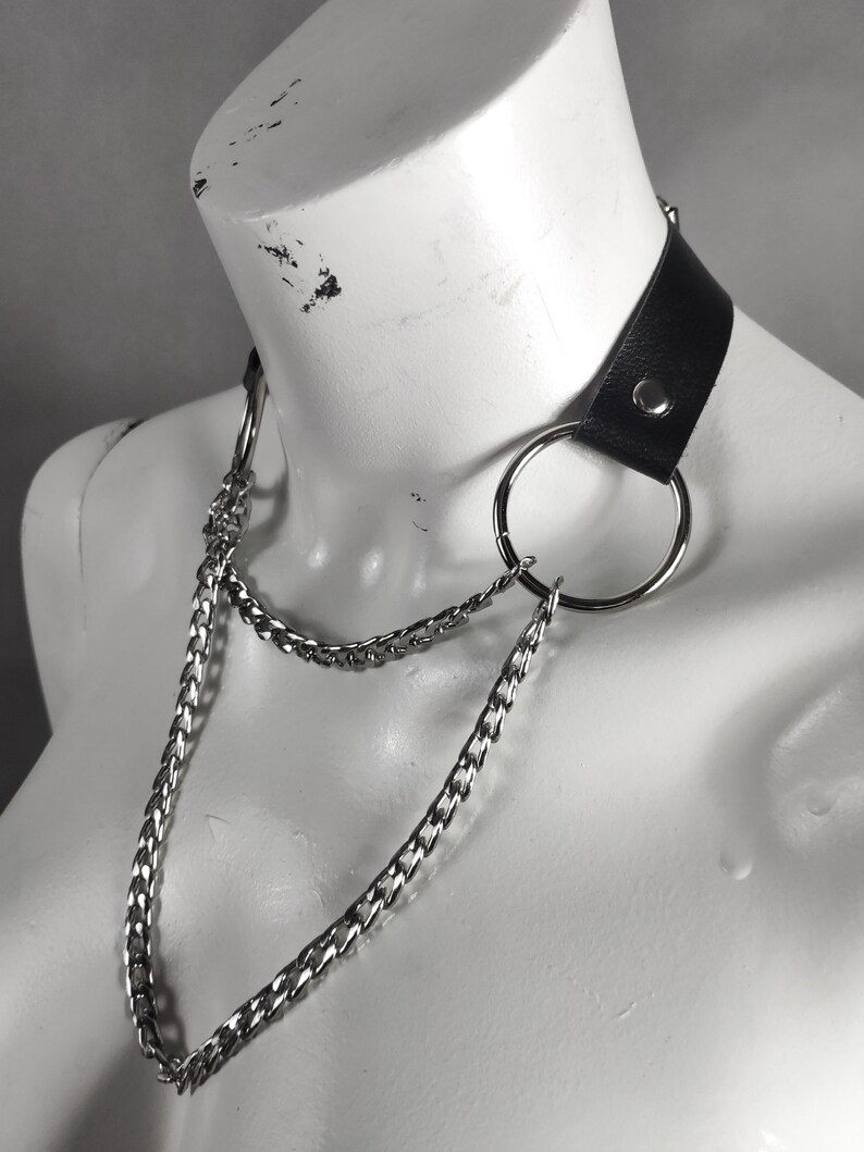 Black Leather Choker With Chains Sexy Collar Submissive Etsy