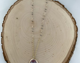 Crystal and gold plated necklace with faux agate angel cameo pendant, beaded necklace, cameo pendant, dainty necklace, chain necklace