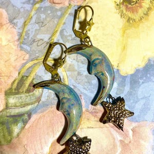 moonface earrings, moon earrings, witch earring, moon jewelry, dangling earrings, star earrings, star jewelry, gift for her, star jewelry