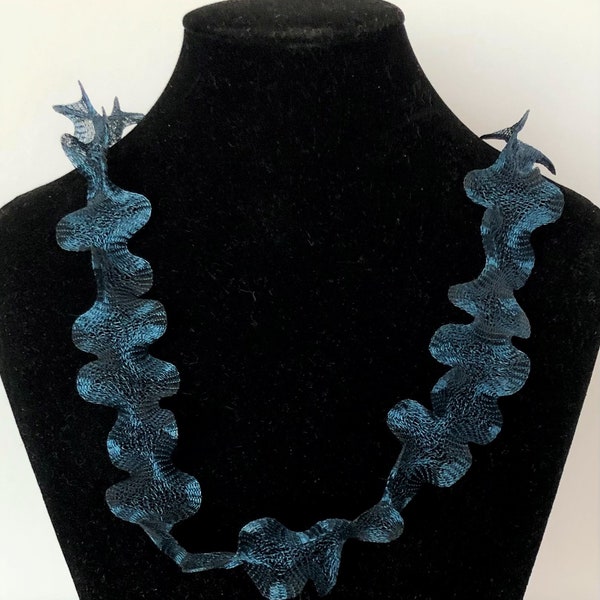 Teal blue titanium mesh ribbon necklace narrow 21 inch