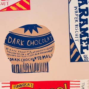 May include: A graphic illustration featuring Tunnock's branding with a red and yellow caramel wafer biscuit label, a blue and white caramel wafer biscuit label, a red and yellow Tunnock's caramel log label, and a tan dark chocolate biscuit icon.