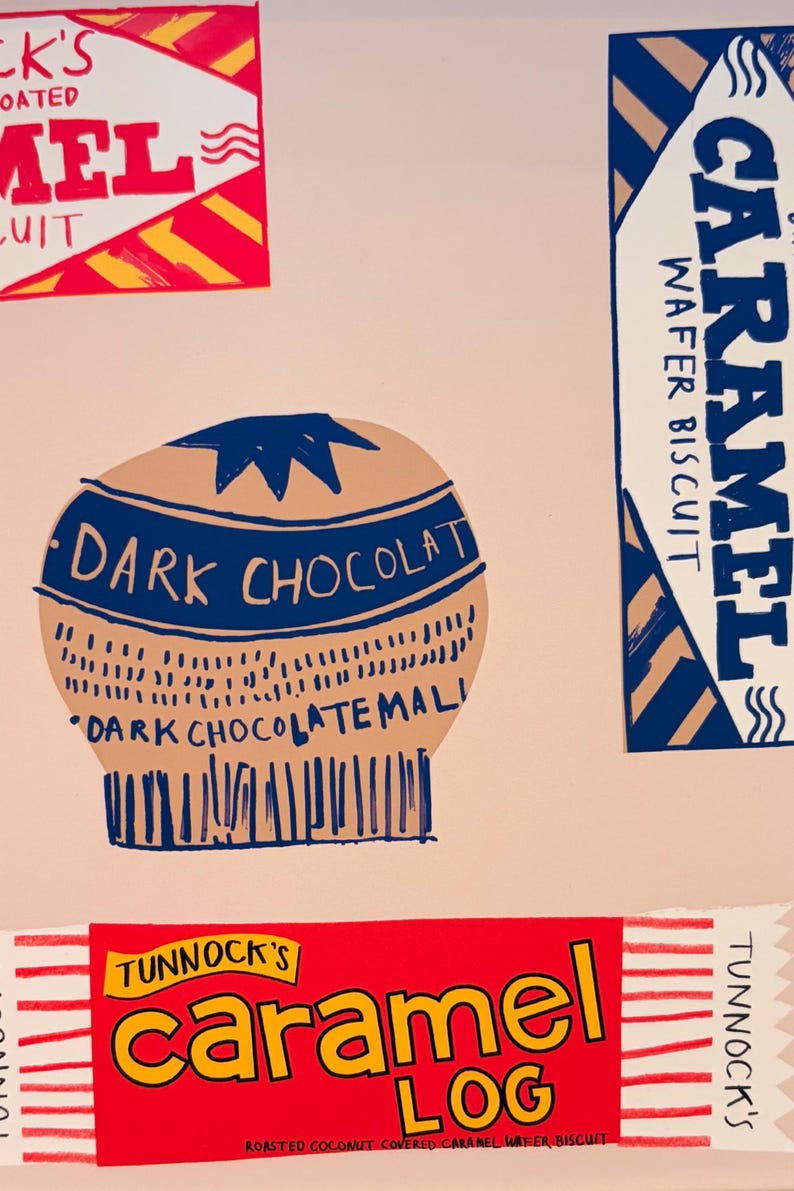 May include: A graphic illustration featuring Tunnock's branding with a red and yellow caramel wafer biscuit label, a blue and white caramel wafer biscuit label, a red and yellow Tunnock's caramel log label, and a tan dark chocolate biscuit icon.