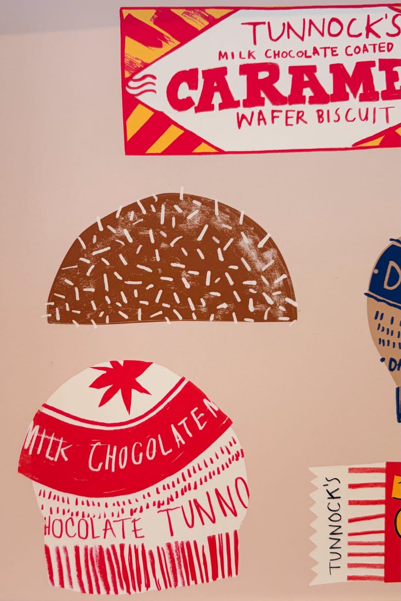 May include: A graphic print featuring a Tunnock's Milk Chocolate Coated Caramel Wafer Biscuit label, a brown semi-circle with white sprinkles, and a red and white Tunnock's Milk Chocolate wrapper design with text and vertical red stripes.