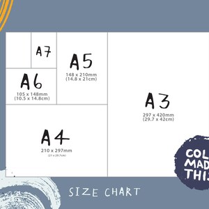 May include: A paper size chart on a blue background featuring white rectangles labeled A3, A4, A5, A6, and A7 with their respective dimensions in millimeters and centimeters. The text "COLE MADE THIS" and "SIZE CHART" are printed on the graphic.