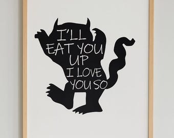 Póster imprimible "Te comeré, te quiero tanto" - Arte de pared inspirado en "Donde viven los monstruos", decoración para habitación infantil o guardería, 6 descargas digitales