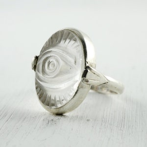 Sterling silver & Quartz Crystal ring : Evil eye ring - Clear rock crystal - Esoteric ring -  Men or Women sterling silver ring