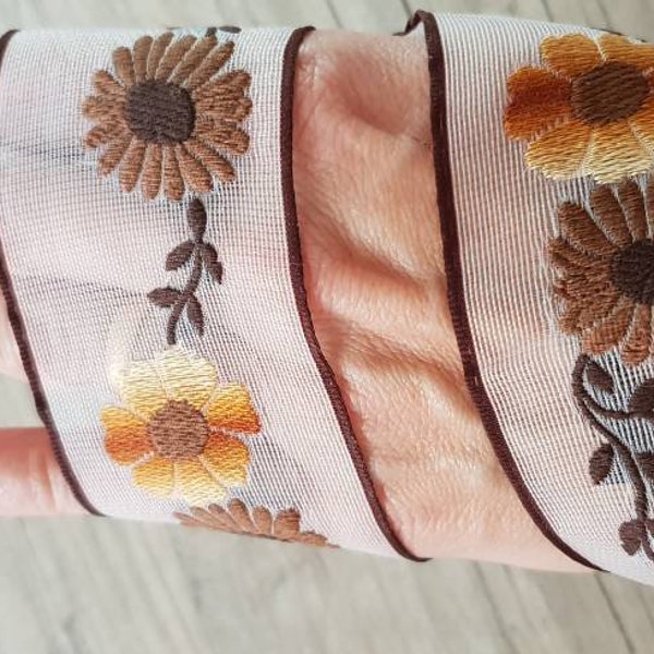 Galon vintage, jacquard, vendu au mètre, ruban large, tissé, marron, orangé, blanc, tulle, crin de nylon, déco, costume, bijou, 48mm,  M41