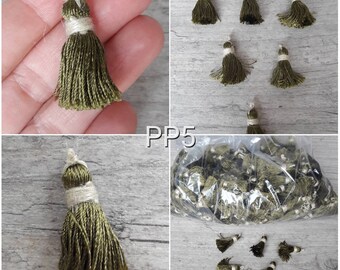 lot de 10, pompons, pampilles, gland, vintage, décoration, accessoires, bijou, costume, vert, olive, 3cm, PP5