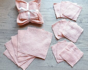 Set of 9 washable baby wipes and 5 washcloths, recycled terry cotton, powder pink, 10x10cm and 15x15cm, upcycling, 100% cotton