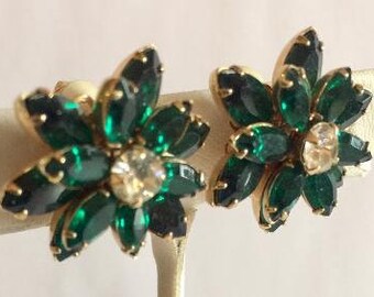 Video, Vintage Emerald Green Flower Earrings, 3 Tier Floral Design Clipons, Clear Rhinestone Center - Wedding Bridal Earrings