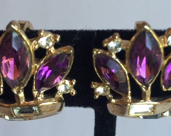 Art Deco Trifari Sparkling Purple & Clear Rhinestone Earrings - Set Completers - Vintage Crown Trifari Deco Rhinestones Earrings