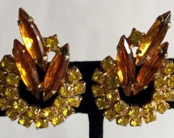 Video, Vintage Topaz Rhinestone Earrings, Spiky Rhinestones w Circular Gold Rhinestone Border, Dramatic Fall Autumn, 50s Flower