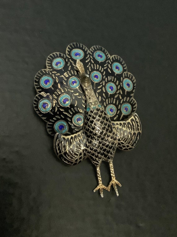 Silver Siam  enamel peacock brooch - image 1