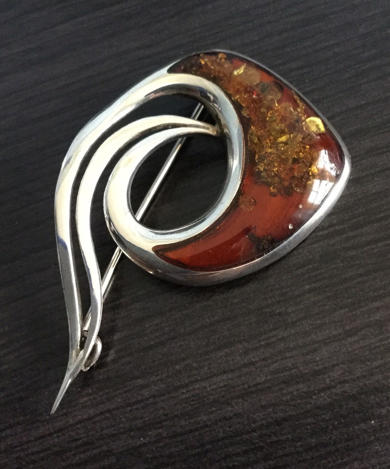 Sterling Silver amber brooch