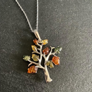 silver amber tree pendant on chain