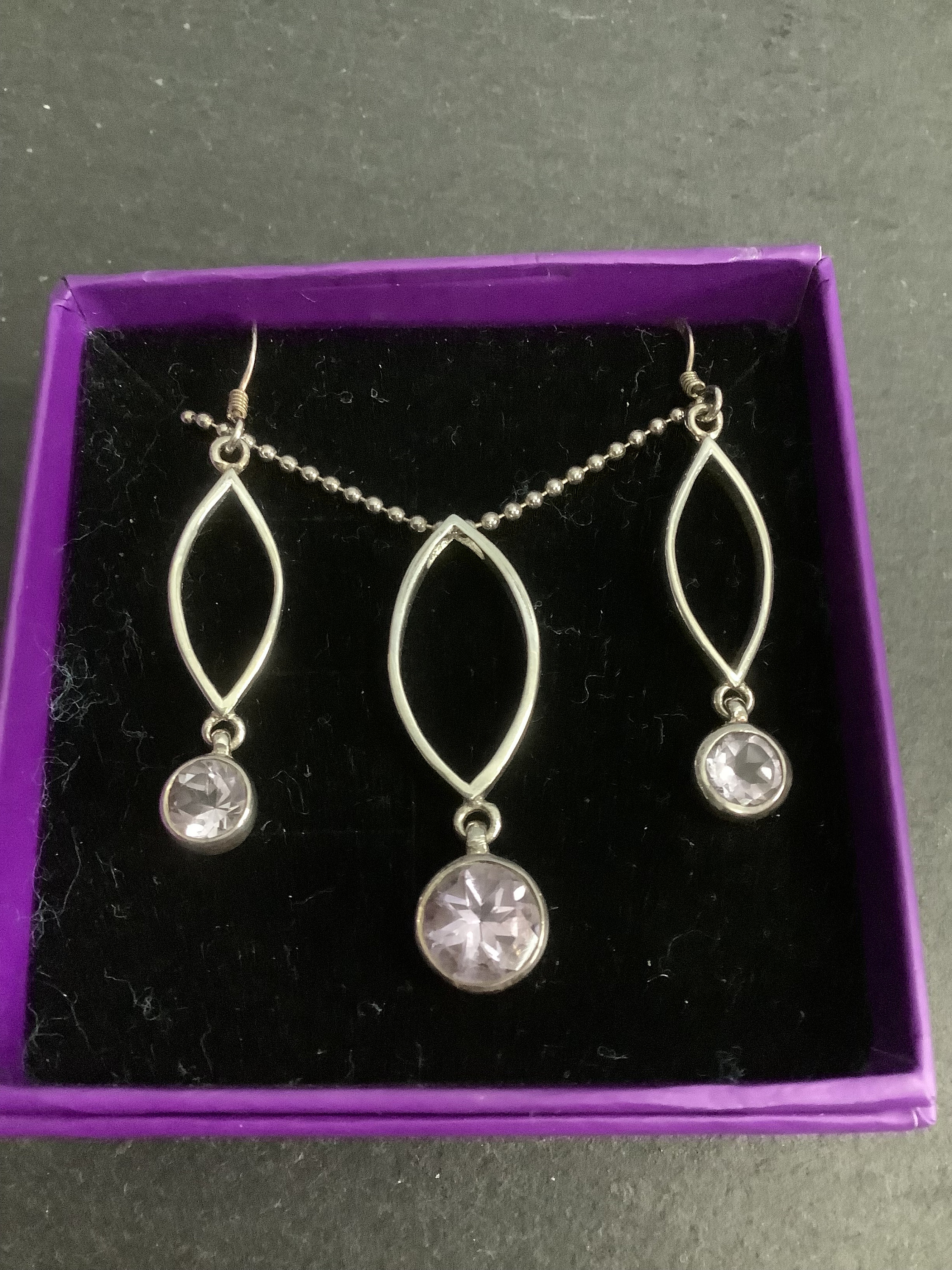 Ensemble Bijoux Argent 925 - Pendentif Améthyste & Boucles D'oreilles - Zircone Violet - Chaîne 18 Pouces