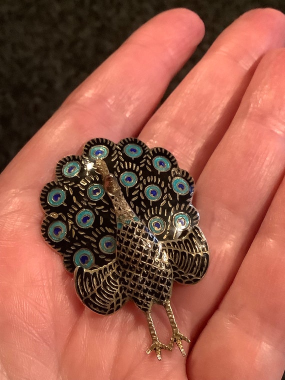 Silver Siam  enamel peacock brooch - image 3