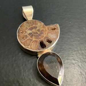 Silver ammonite and smoky quartz  pendant