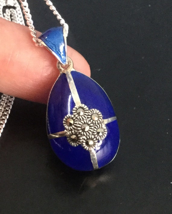 Pendentif Ancien En Argent Massif 925 Avec Pierres Bleues Et Marcassites - Vintage