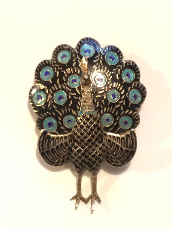 Silver Siam  enamel peacock brooch - image 4