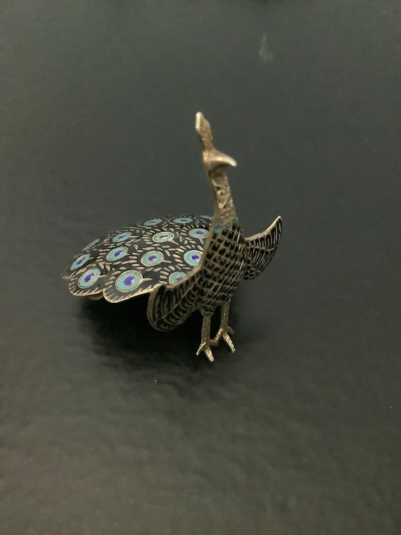 Silver Siam  enamel peacock brooch - image 2