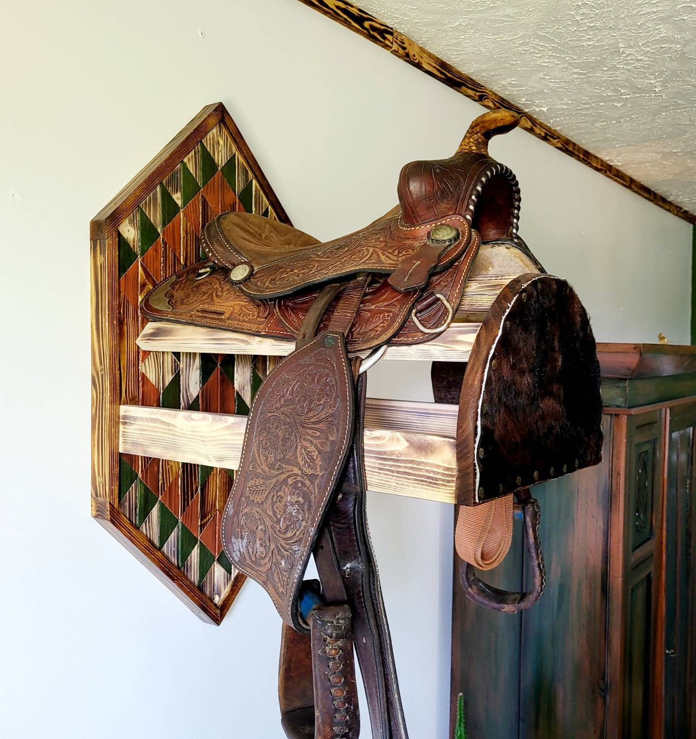 Wall-mounted wooden saddle rack