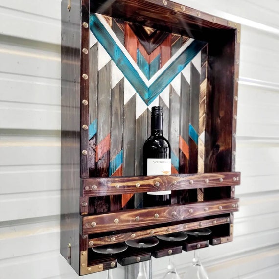 Aztec wood wine bottle and glass holder