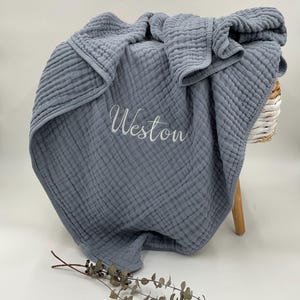 Gauze Blanket with Name, Personalized Swaddle, 6 layers Muslin,  Cotton Muslin Swaddle, Muslin Blanket, Monogram, Embroidery Dusty Blue Sage