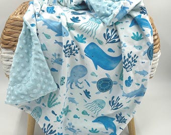 Personalized Ocean Baby Blanket: Blue Minky, Nautical Whale Design