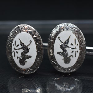 Vintage Mekkala Goddess of Lightening Siam White Enamel And Sterling Silver Clip On Earrings