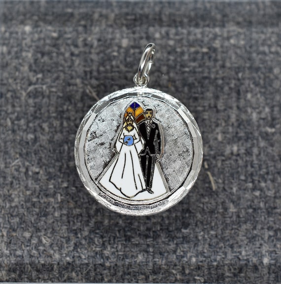 Vintage Multi Color Enamel Bride and Groom Disc Charm for Bracelet or Pendant in .925 Sterling Silver