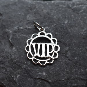 Vintage &quot;VIP&quot; Cut Out .925 Sterling Silver Charm for Bracelet or Pendant with a Scalloped Border