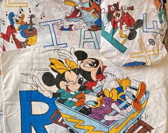 Vintage Disney Mickey Mouse ABC Alphabet Twin 3pc Bedding Set Pillowcase Flat Sheet Fitted Sheet