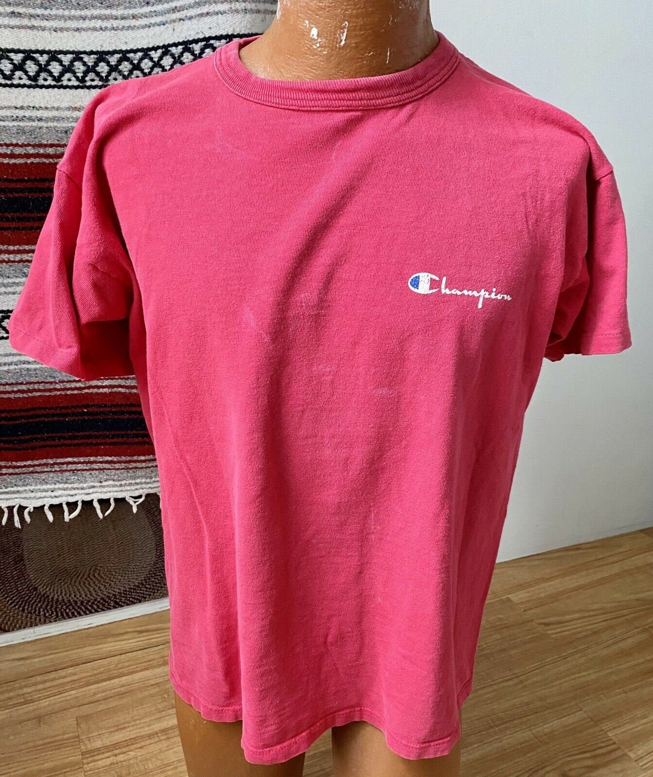 Vintage 90s Coral Red CHAMPION Mens Logo T-shirt XL Paint Splatter