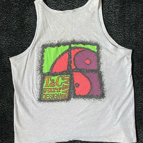 Vintage 80s 90s T&C Surf Design 2-Sided Heather Gray Tank Top Muscle Shirt | Unisex Adult Size XL by Anvil | Bright Neon Pink Green Yin Yang