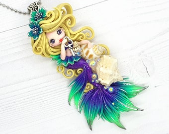Fimo little mermaid, mermaid necklace, Ooak doll