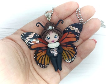 Butterfly necklace. Fimo doll