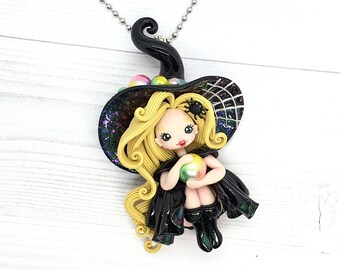 Necklace with Ooak witch in Fimo