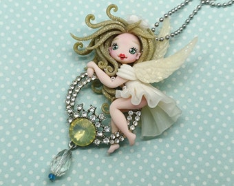 Necklace with angel in polymer clay. Little angel in Fimo. Ooak doll. Guardian angel.