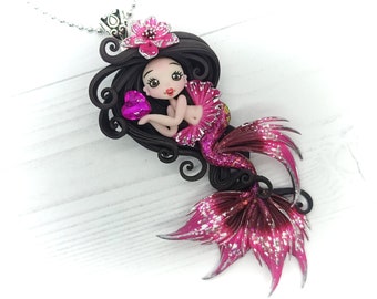 Necklace with little mermaid in polymer clay