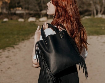 Black Leather Bag, Black Fringe Purse, black leather fringe bag clutch, Leather Fringe Bag, Studded Leather Bag, Fringe Leather Crossbodybag