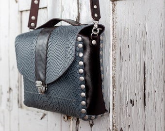 STUDDED Crossbody Bag, Blue Leather Snake Print, Vintage Studded Shoulder, Leather Trunk Briefcase, Snake Print Leather Messenger, Hand Bag