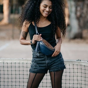 Leather FANNY PACK, Blue Leather Belt Bag, Leopard Leather Hip Bag, Fanny Pack Versatile Bum Bag Adjustable crossbody bag, Hand Made Hip Bag