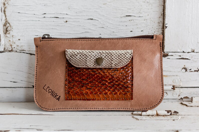 Cartera de cuero para mujer, clutch de piel monedero de mujer, monedero tarjetero de serpiente, tarjetero cartera reptil imagen 2