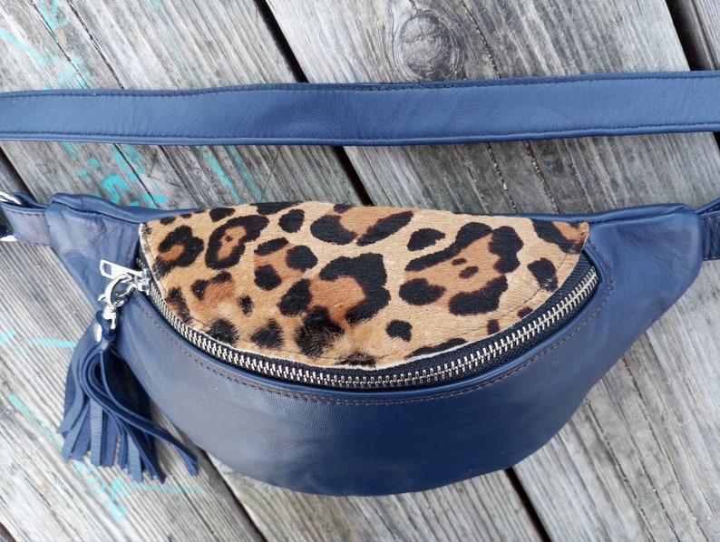 Leather FANNY PACK, Blue Leather Belt Bag, Leopard Leather Hip Bag, Fanny Pack Versatile Bum Bag Adjustable crossbody bag, Hand Made Hip Bag image 5