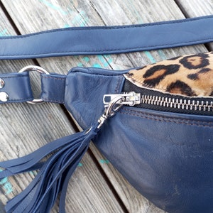Leather FANNY PACK, Blue Leather Belt Bag, Leopard Leather Hip Bag, Fanny Pack Versatile Bum Bag Adjustable crossbody bag, Hand Made Hip Bag image 3