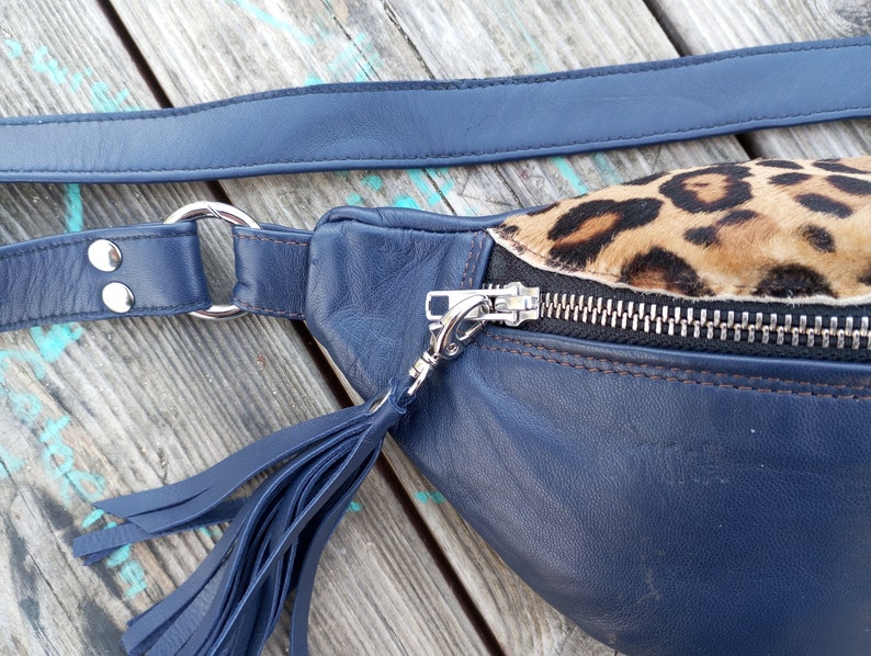 Leather FANNY PACK, Blue Leather Belt Bag, Leopard Leather Hip Bag, Fanny Pack Versatile Bum Bag Adjustable crossbody bag, Hand Made Hip Bag image 3