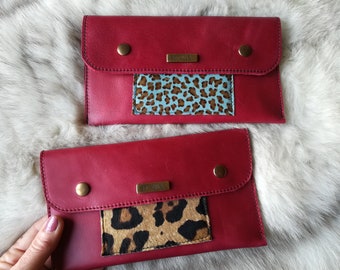 Monedero Piel Mujer, Cartera Artesanal de Piel, Cartera Piel Roja, Cartera Piel Animal Print, Cartera Piel Roja Hecha a Mano, Tienda de Piel