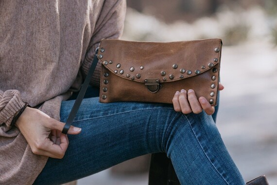Clutch cartera de cuero boho hecho a mano cartera bolso de piel