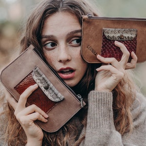 Cartera de cuero, cartera para mujer,  clutch de piel monedero de mujer, monedero tarjetero de serpiente, tarjetero cartera reptil